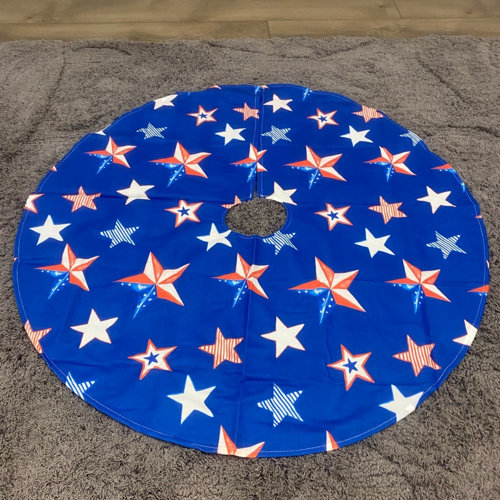 Warercolor Red, White, and Blue Star Tree Skirt-36”